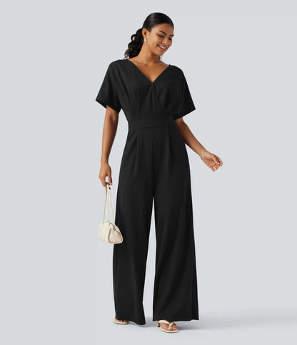 V Neck Short Sleeve Ruched Wide Leg Casual Jumpsuit with Pockets -Easy Peezy Edition