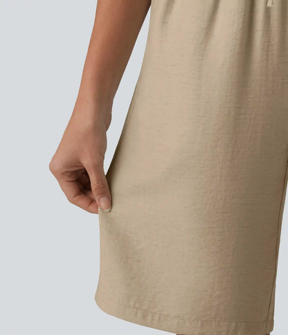High Waisted Drawstring Casual Linen-Blend Bermuda Shorts 10'' with Pockets