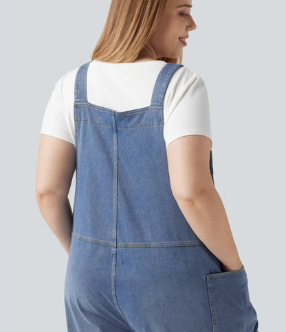 Plus Size Halara Flex™ V Neck Rolled Hem Washed Denim Casual Short Overalls with Pockets