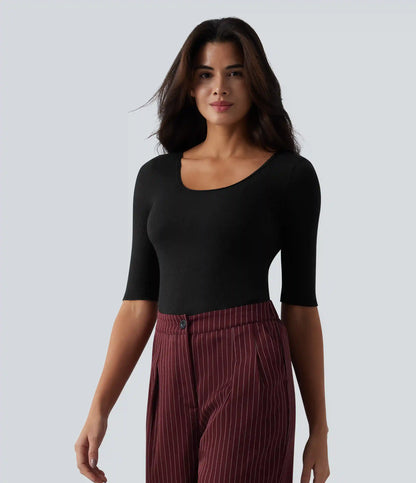 Ribbed Knit Scoop Neck Half Sleeve Work Wool-Blend Top