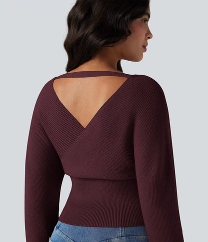 V-neck Batwing Long Sleeve Cut-out Casual Sweater
