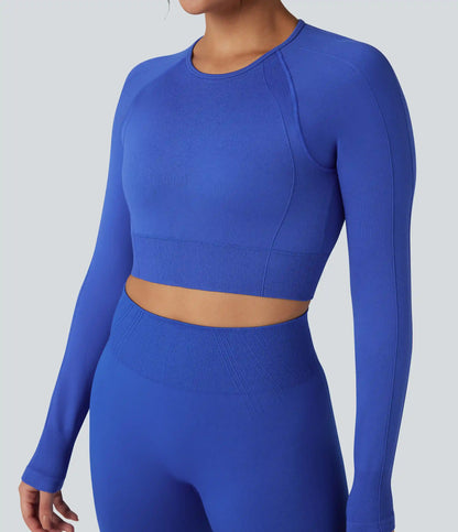 OneForm Seamless Flow Round Neck Long Sleeve Thumb Hole Cropped Yoga Sports Top