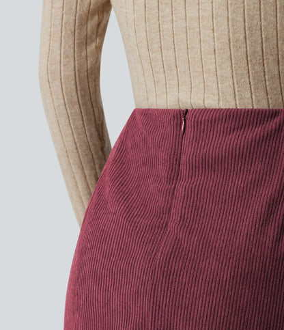 High Waisted Back Zipper Split Hem 2-in-1 Corduroy Casual Skirt-Longer Length