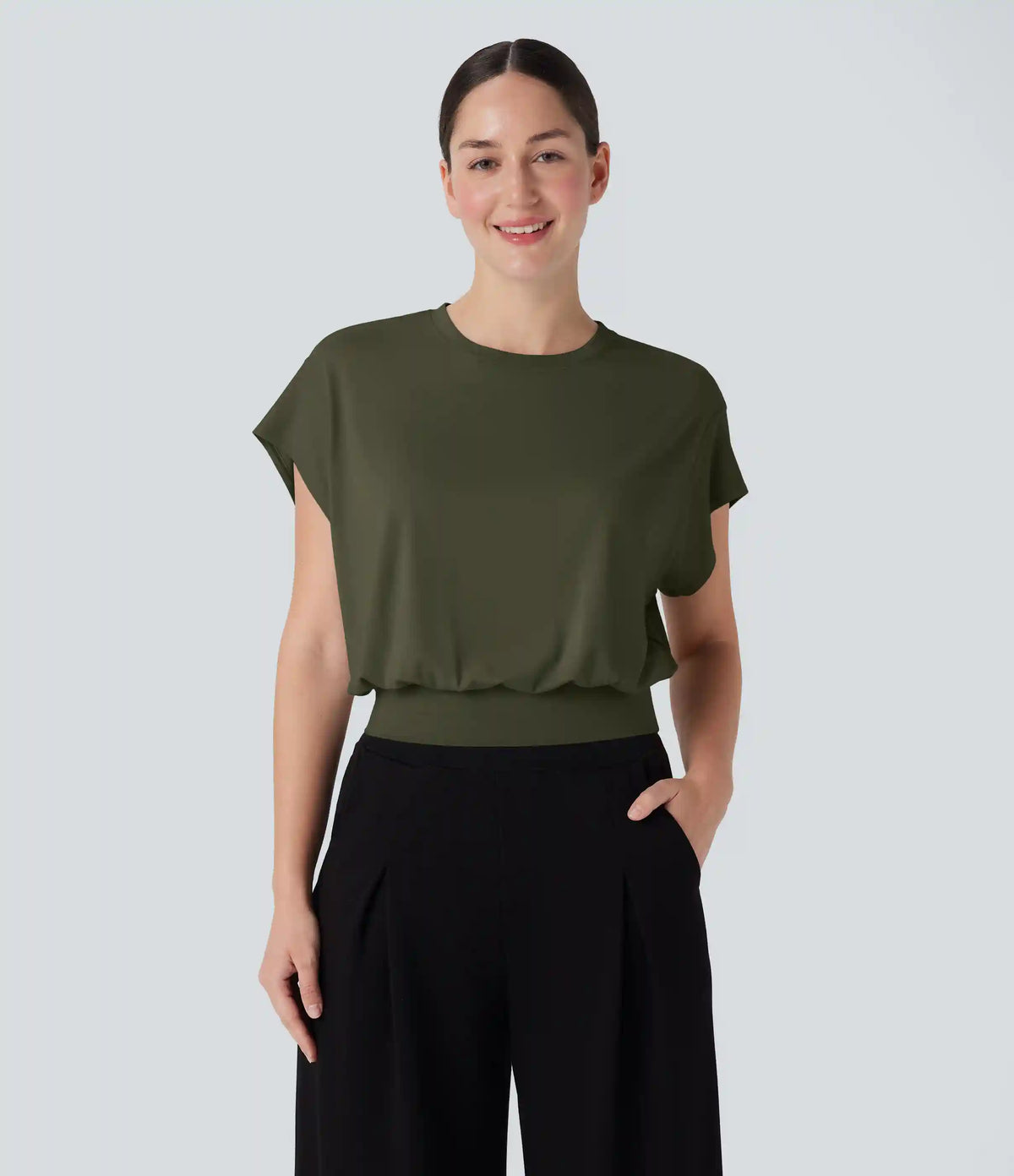 Round Neck Short Batwing Sleeve Work T-Shirt