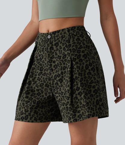 Mid Rise Leopard Print Casual Baggy Shorts 5'' with Pockets