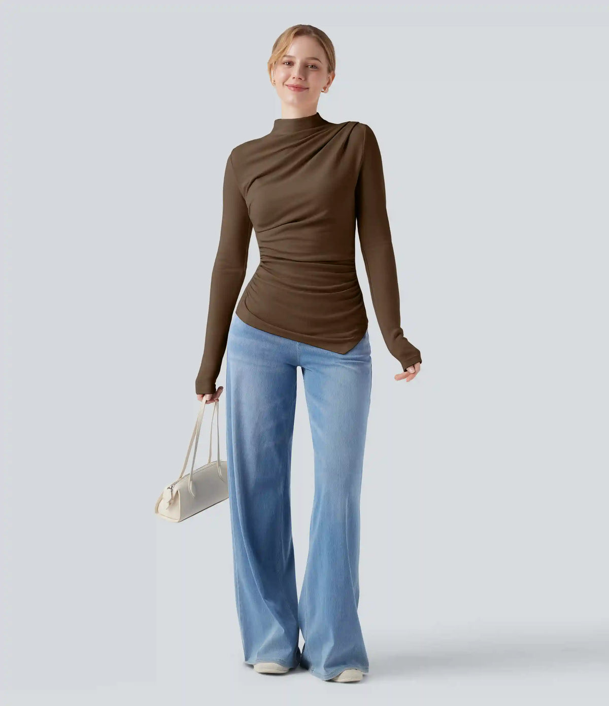 Mock-neck Long Sleeve Ruched Asymmetric Hem Thermal Casual Top