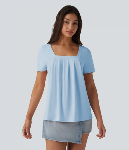 Square Neck Short Sleeve Casual Blouse