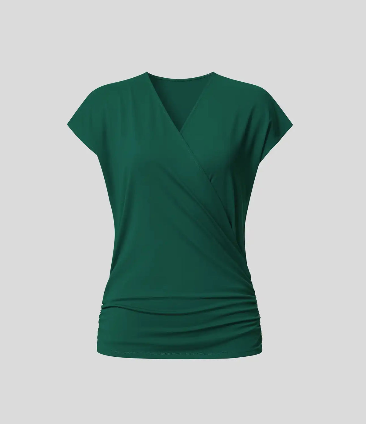 V Neck Cap Sleeve Crossover Ruched Solid Work Blouse