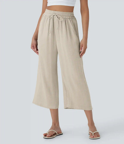 High Waisted Drawstring Wide Leg Cropped Casual Linen-Feel Pants with Pockets