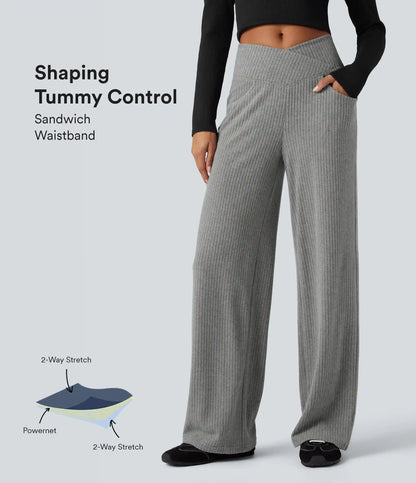 Ribbed Knit High Waisted Crossover Tummy Control Straight Leg Casual Pants with Pockets