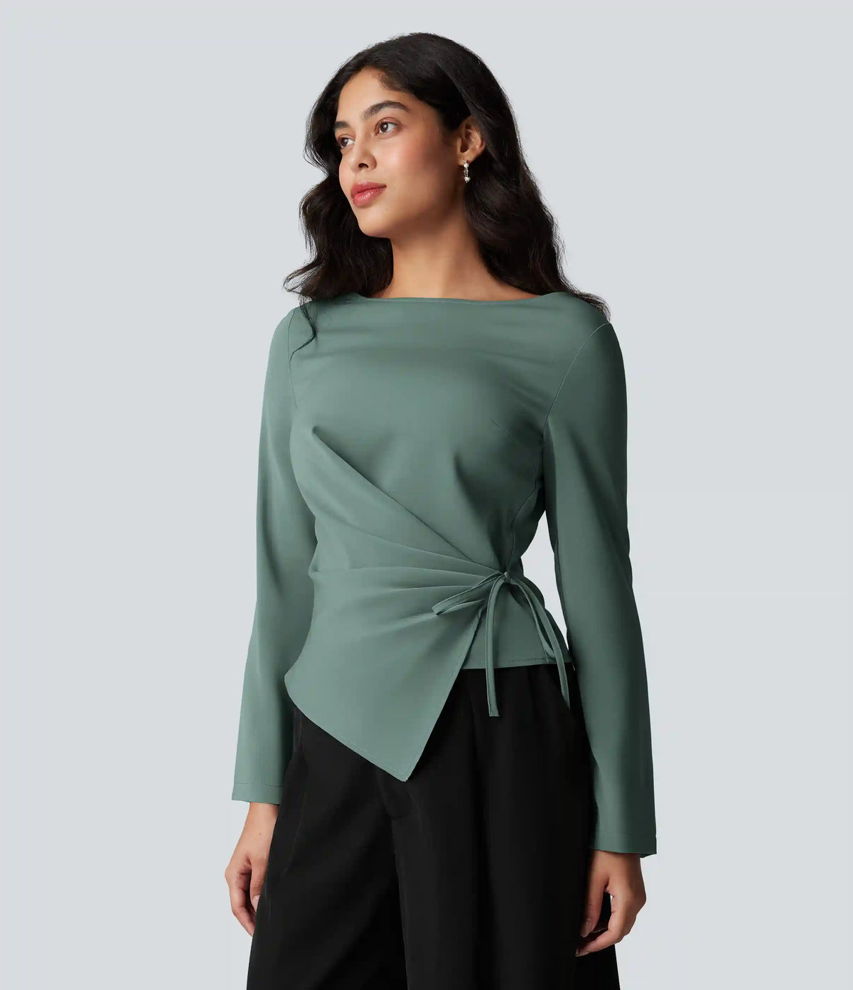 Wrinkle Recovery Boat Neck Long Sleeve Ruched Tie Work Blouse