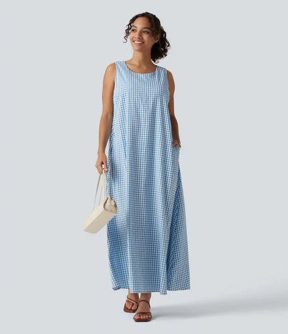 Round Neck Sleeveless Midi Crinkle Gingham Casual Tank Dress with Pockets DD-F Cups