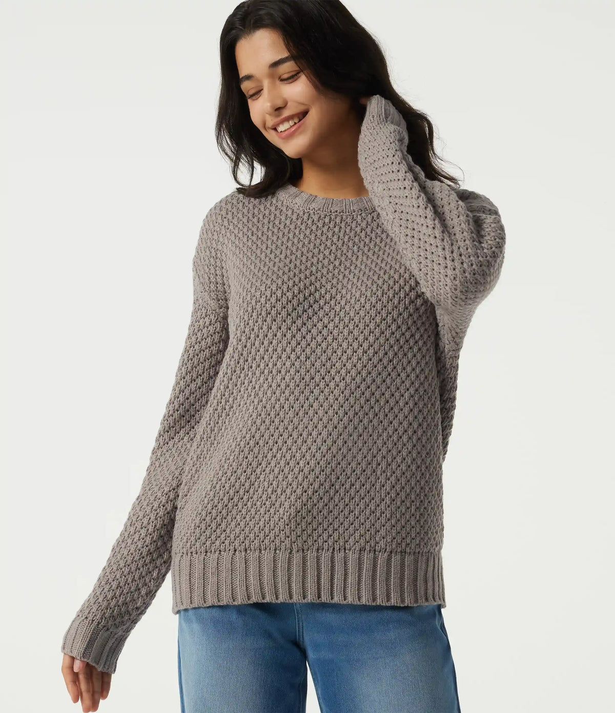Round Neck Dropped Shoulder Long Sleeve Work Sweater