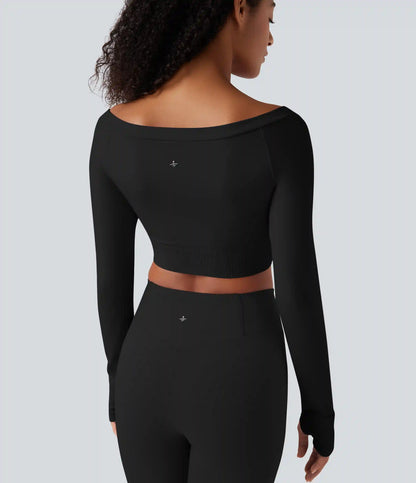 Seamless Flow Off-shoulder Long Sleeve Thumb Holes Cropped Yoga Sports Top
