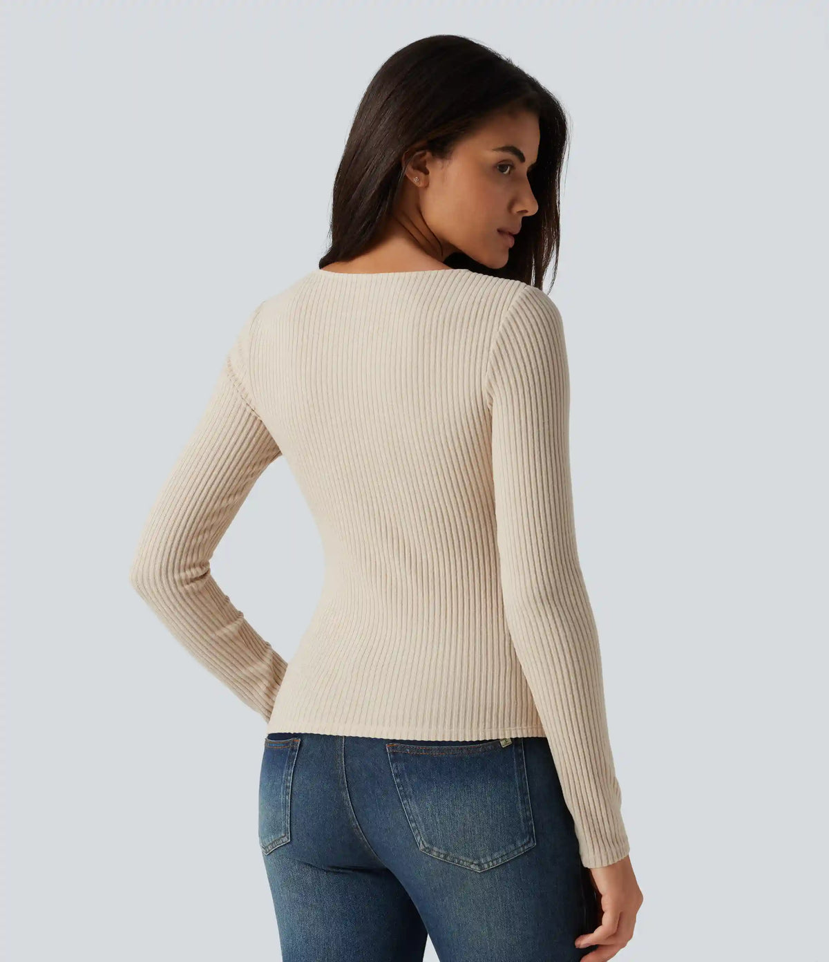 Ribbed Knit Square Neck Long Sleeve Casual Top