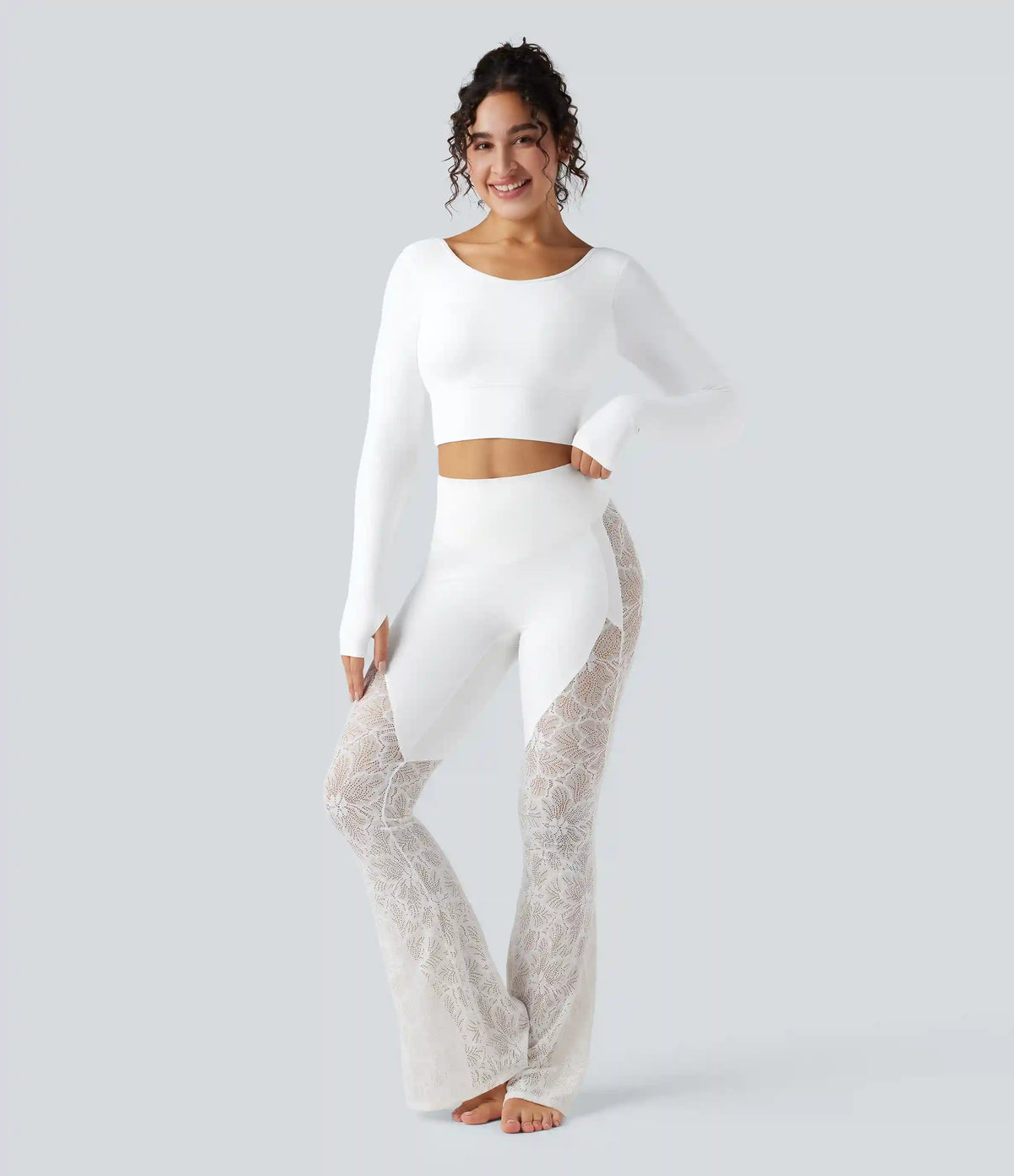 SoftlyZero™ Push-Up Long Sleeve Thumb Hole Contrast Lace Cropped Yoga Sports Top