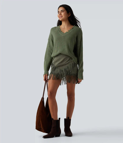 High Waisted 2-in-1 Fringe Hem Bodycon Mini Suede Casual Skirt