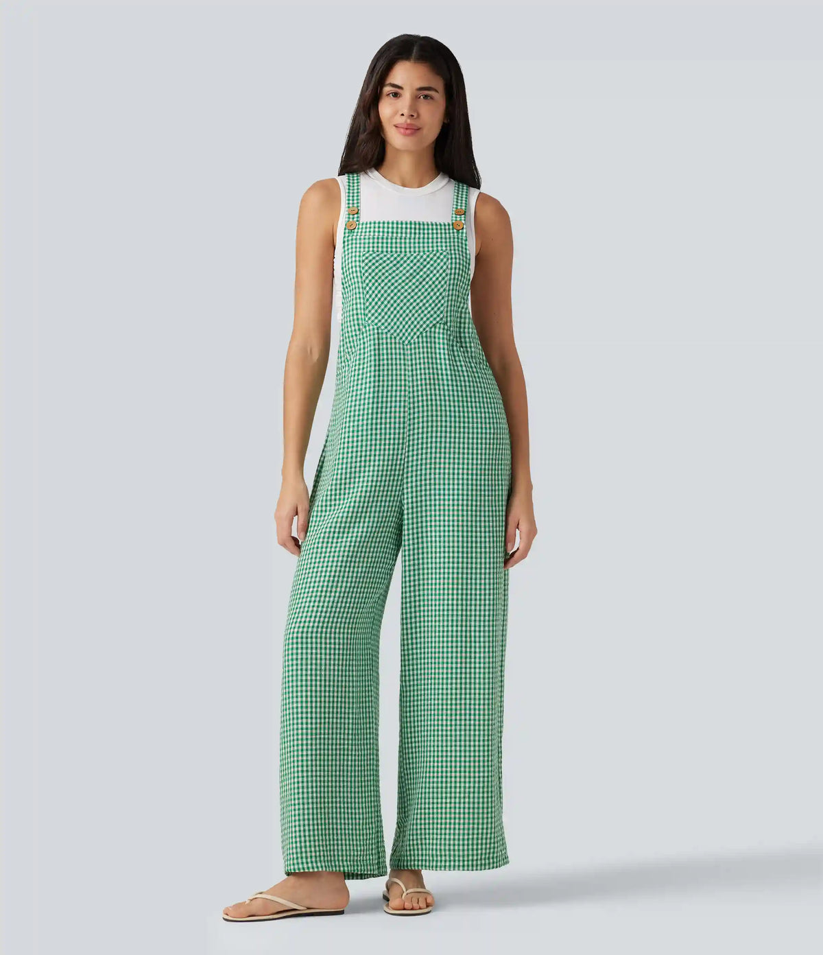Plaid Casual Linen-Feel Overalls with Pockets