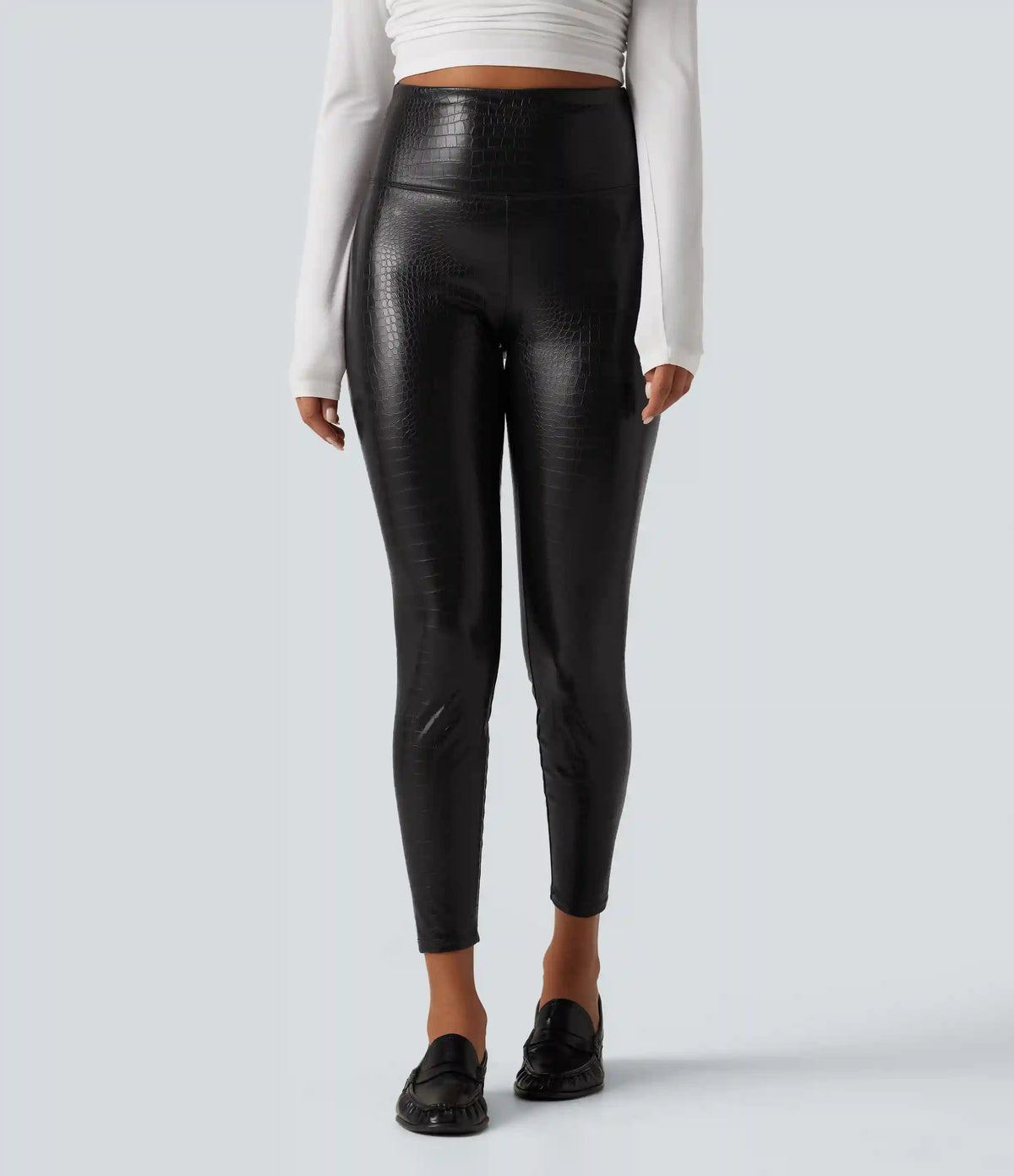 High Waisted Tummy Control Snakeskin Print Stretchy PU Fleece Skinny Casual Leggings with Pockets