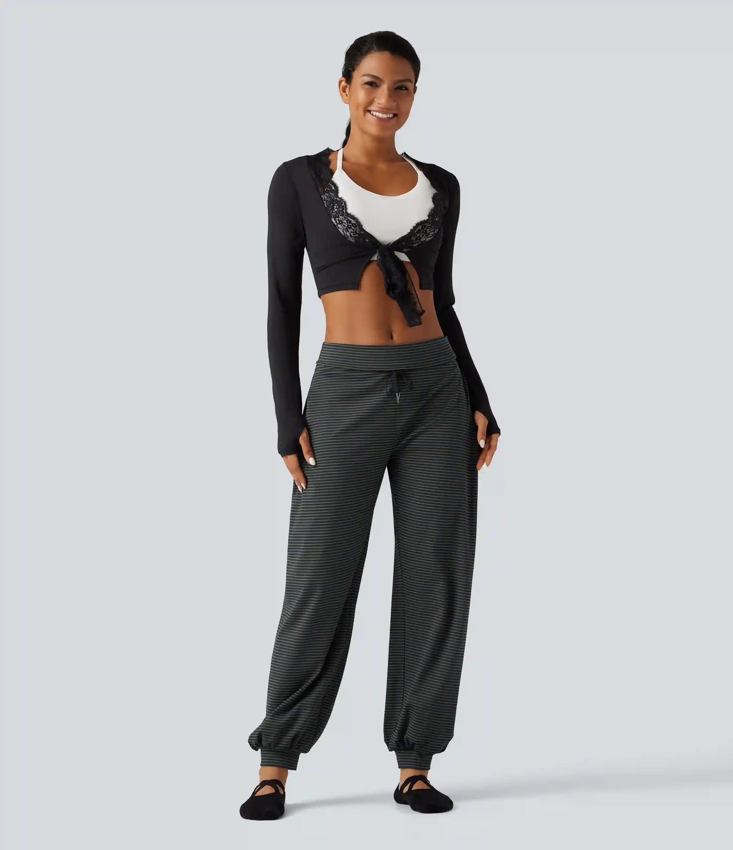 Mid Rise Foldover Drawstring Stripe Yoga Jogger with Pockets
