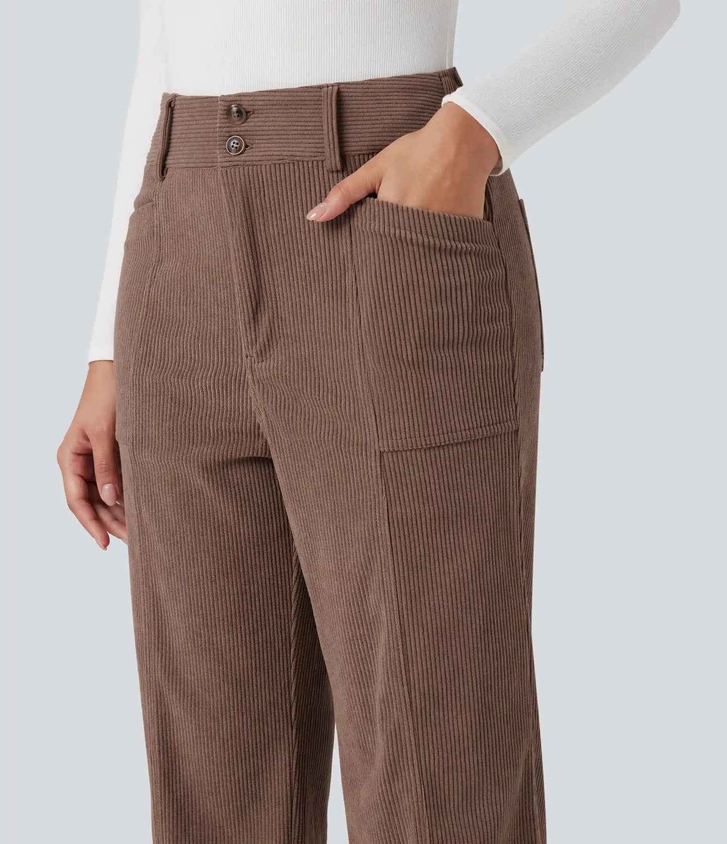 High Waisted Corduroy Casual Straight Leg Pants with Pockets