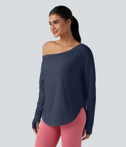 One Shoulder Long Sleeve Thumb Hole Curved Hem High Low Quick Dry Yoga Sports Top-Built-in Bra