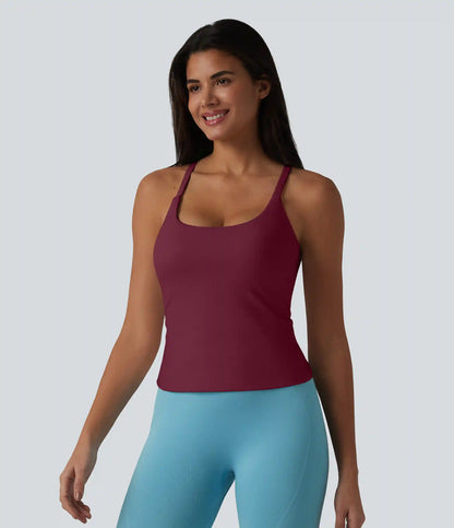 Scoop Neck Crisscross Back Crossover Hem Built-in Bra Yoga Cami Top DD-F Cups