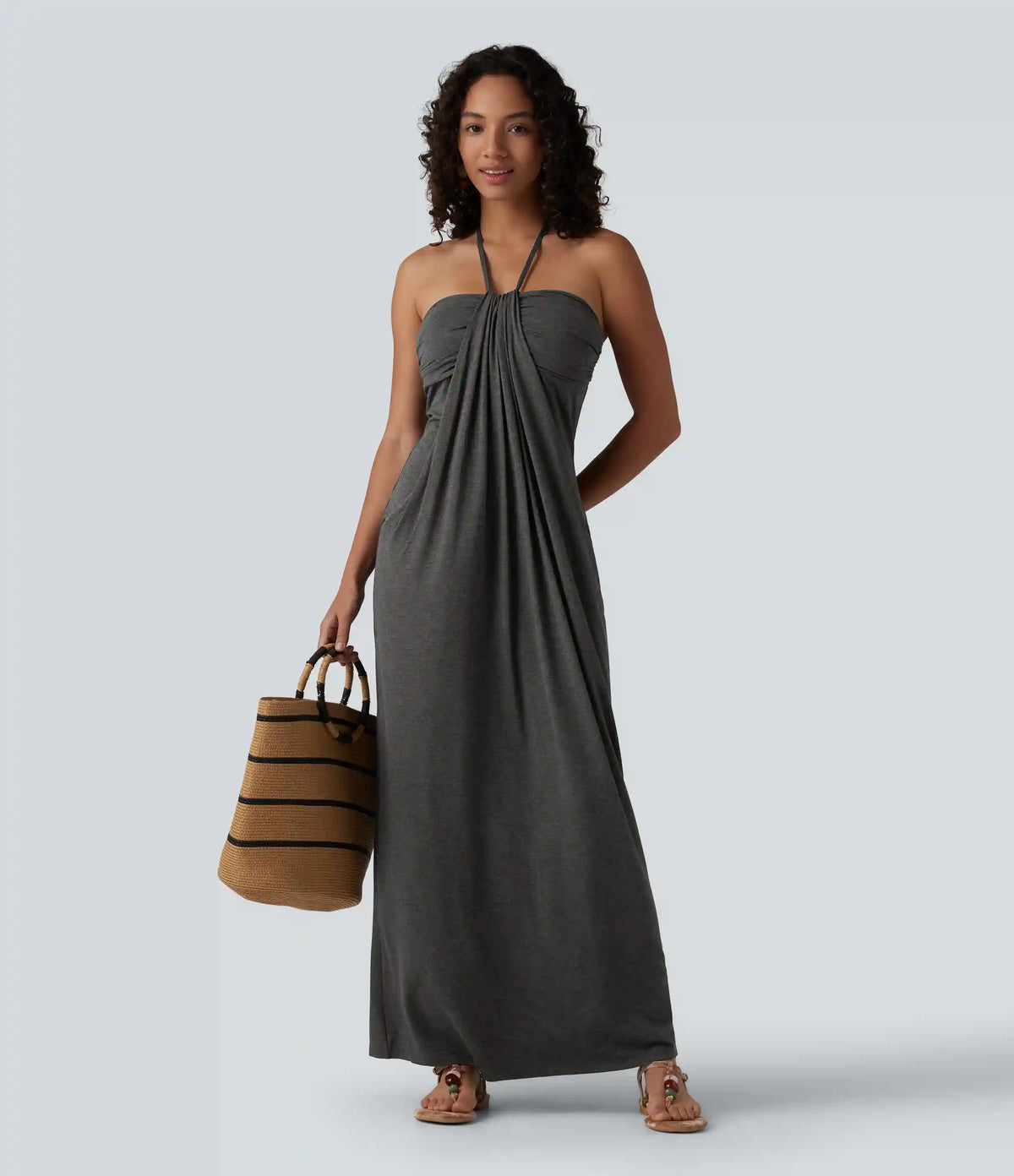 Halter Tie Back Built-in Bra Maxi Dress with Pockets