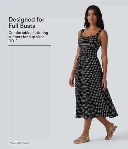 Sleeveless Backless Crossover Built-in Bra Polka Dot Midi Casual Flowy Dress with Pockets DD-F Cups
