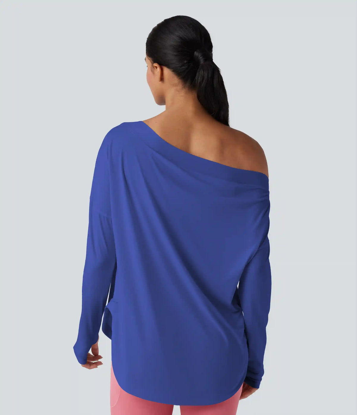 One Shoulder Long Sleeve Thumb Hole Curved Hem High Low Quick Dry Yoga Sports Top-Built-in Bra