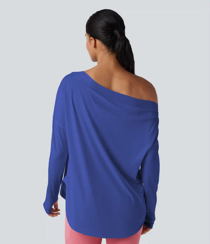 One Shoulder Long Sleeve Thumb Hole Curved Hem High Low Quick Dry Yoga Sports Top-Built-in Bra