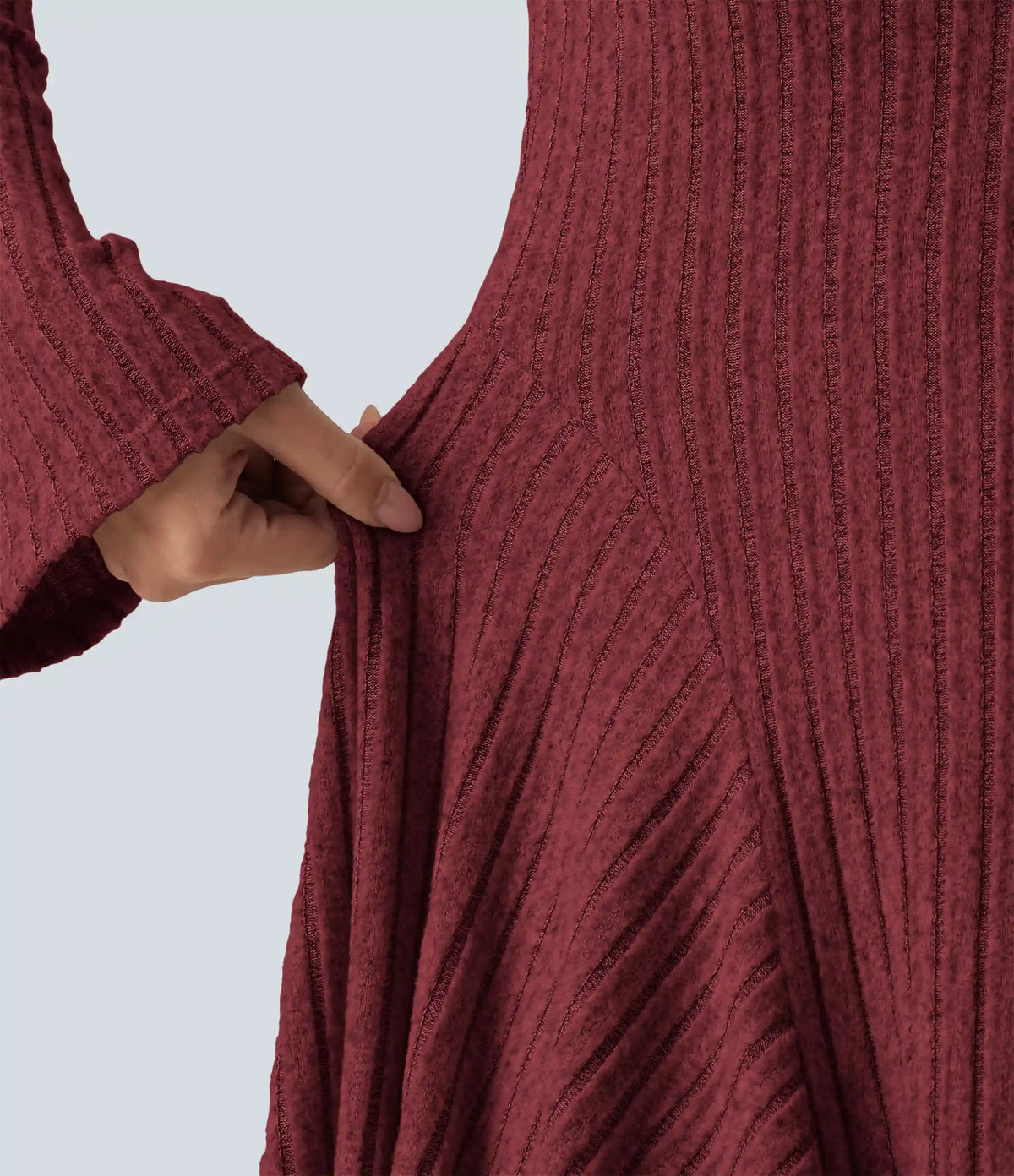 Ribbed Knit Square Neck Flounce Long Sleeve Decorative Knot Casual Flare Mini Dress
