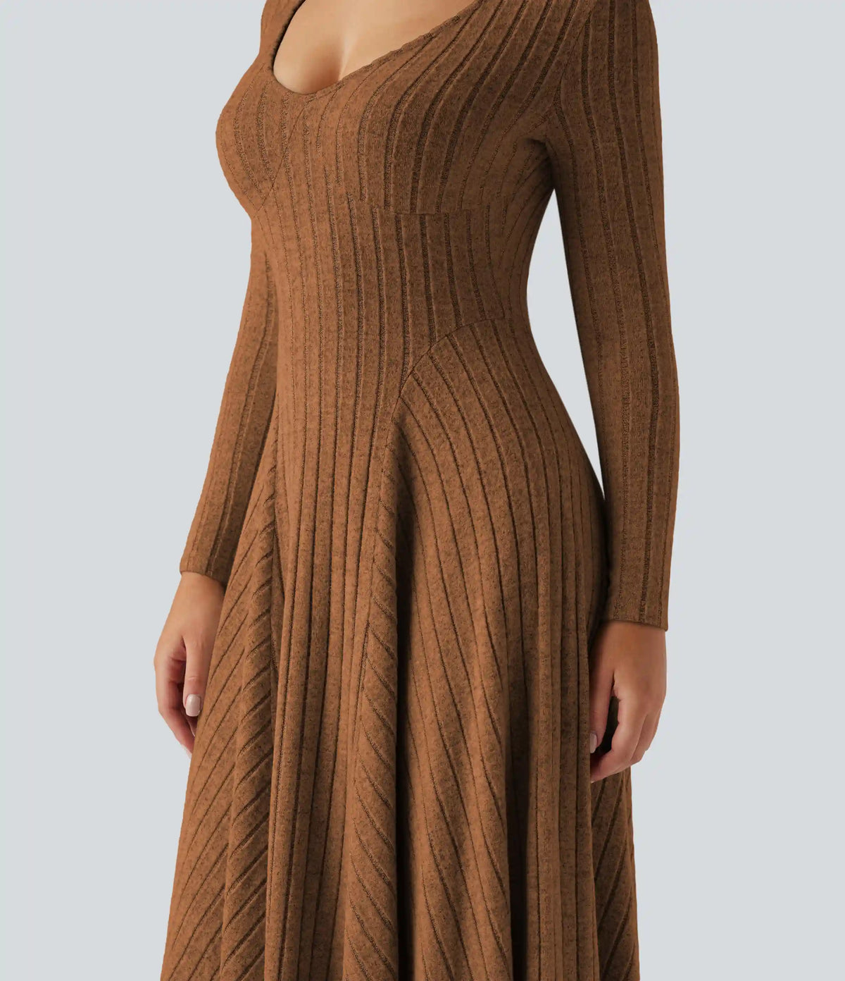 Ribbed Knit V Neck Long Sleeve Flare Midi Casual Dress