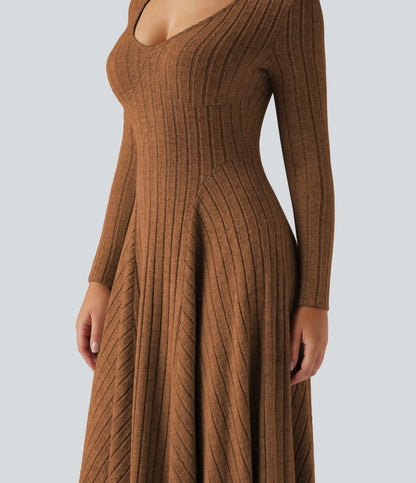 Ribbed Knit V Neck Long Sleeve Flare Midi Casual Dress
