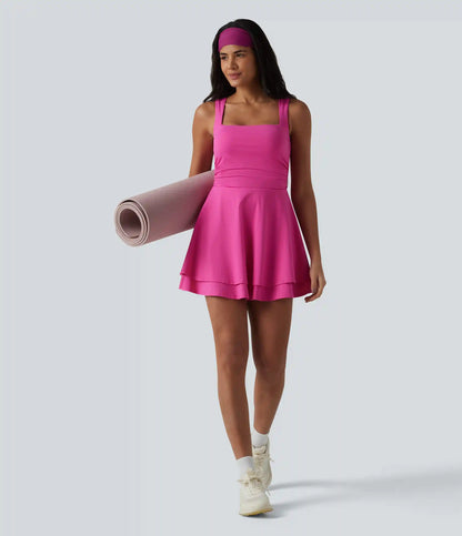 SoftlyZero™ Airy Square Neck Built-in Bra Sleeveless 2-in-1 Layered InstantCool Mini Yoga Active Dress with Pockets-Easy Peezy Edition