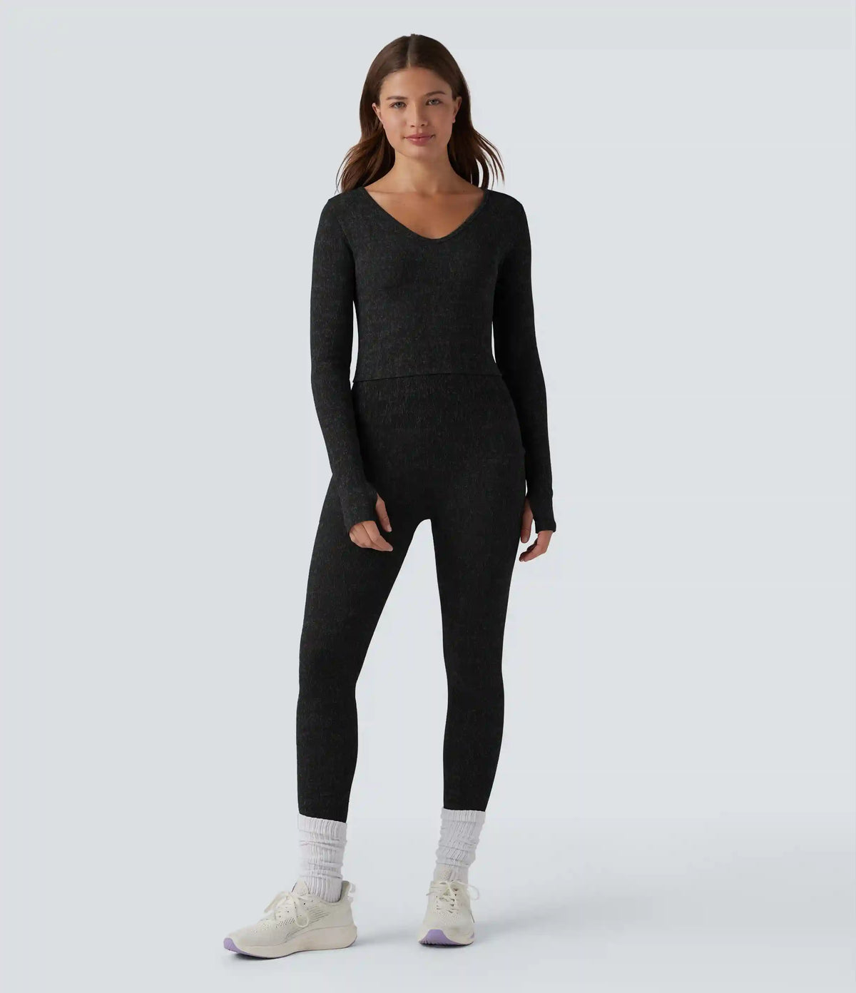 OneForm Seamless Flow V Neck Long Sleeve Thumb Hole Cropped Yoga Sports Top