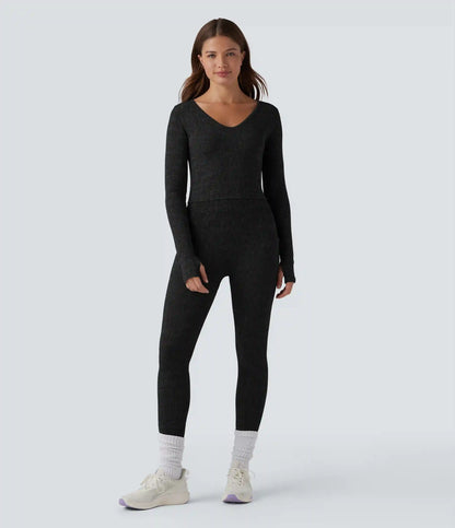 OneForm Seamless Flow V Neck Long Sleeve Thumb Hole Cropped Yoga Sports Top