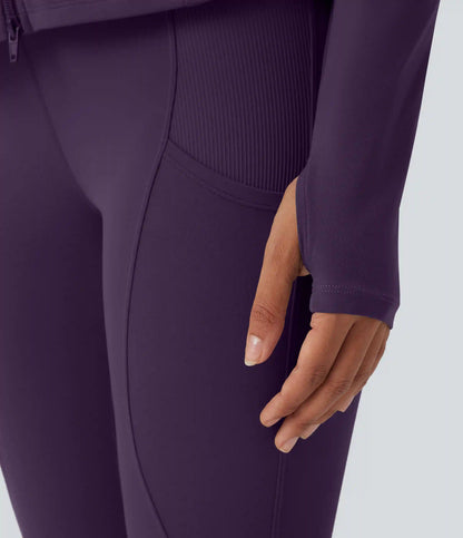SoftlyZero™ Hooded Long Sleeve Thumb Hole Pleated Jacket with Pockets