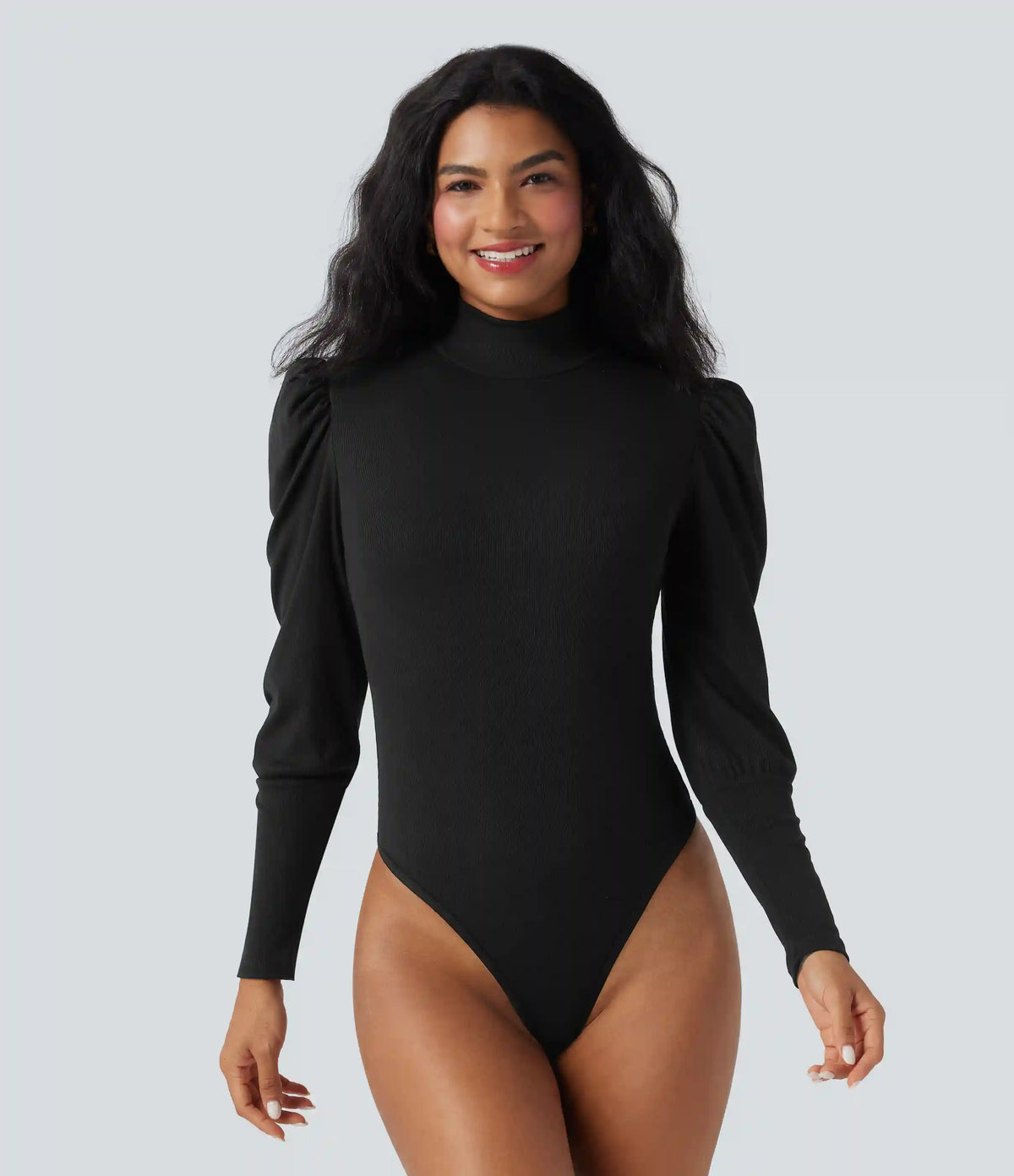Ribbed Knit High-neck Puff Sleeve Skinny Work Bodysuit