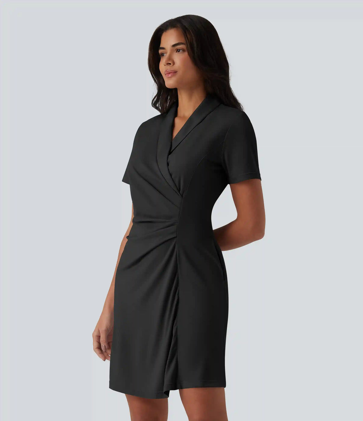 Shawl Collar Short Sleeve Mini Work Dress