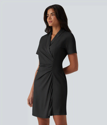 Shawl Collar Short Sleeve Mini Work Dress