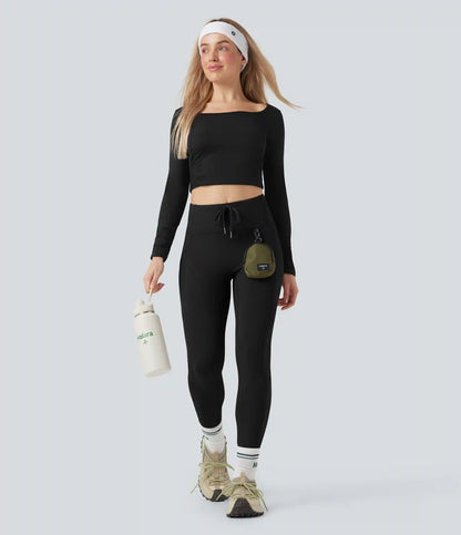 High Waisted Drawstring Fleece 7/8 Hiking Leggings with Pocket