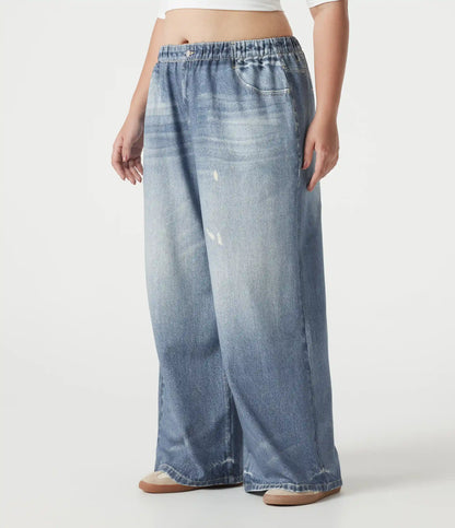 Plus Size Mid Rise Denim Print French Terry Casual Sweatpants Jeans with Pockets