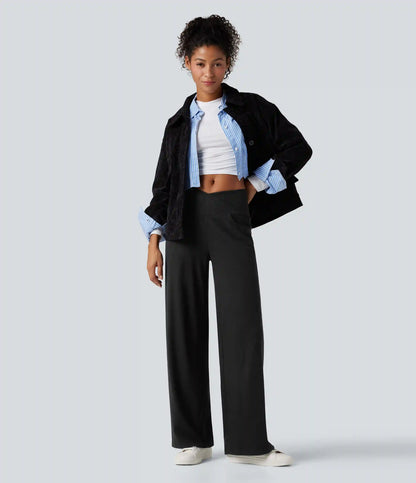 Ribbed Knit High Waisted Crossover Tummy Control Straight Leg Casual Pants with Pockets