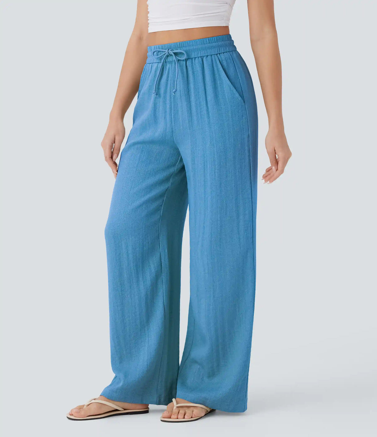 High Waisted Drawstring Pocket Wide Leg Baggy Casual Linen-Feel Pants