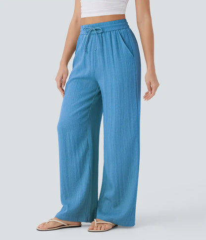 High Waisted Drawstring Pocket Wide Leg Baggy Casual Linen-Feel Pants