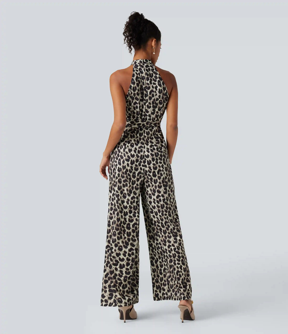 Halter Sleeveless Belted Leopard Party Jumpsuit with Pockets