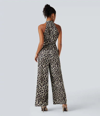 Halter Sleeveless Belted Leopard Party Jumpsuit with Pockets