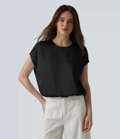 Round Neck Keyhole Back Cap Sleeve Satin Work Top