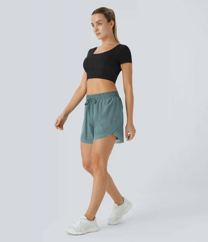Mid Rise Drawstring Contrast Mesh 2-in-1 Flowy Running Shorts 5''